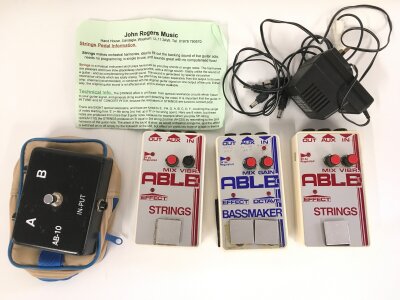 Three vintage John Rogers Able guitar pedals plus an AB-10 foot switch (4).
