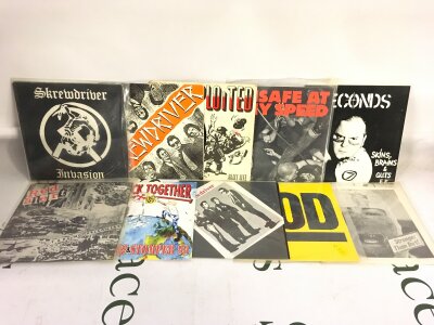 Ten punk/Oi 7" singles and EPs by various artists including Skrewdriver, 7 Seconds, The Mummies and others.