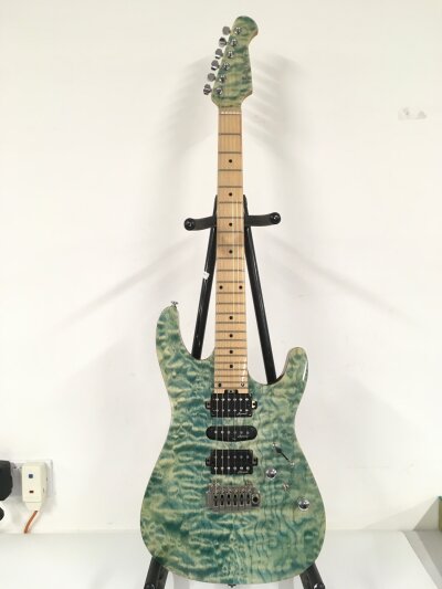 A Harley Benton Pro Series electric guitar with an unusual mottled green finish. Comes with soft carry case.