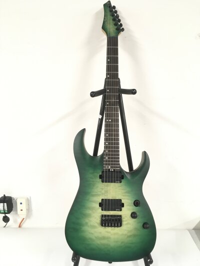 A Harley Benton Pro Series electric guitar with a green burst finish. Comes with soft carry case.