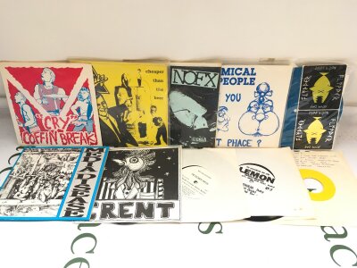 Forty punk and alt rock 7" singles by various artists including NOFX, Screeching Weasel, Coffin Break and others. Includes coloured vinyl and a Celibate Rifles promo.