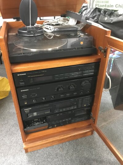 A collection of HiFi equipment comprising Pioneer separates, an ion pure LP turntable, two pairs of speakers etc.