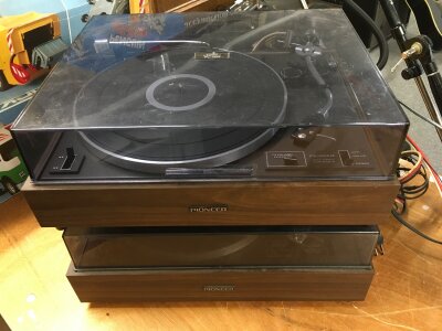 Two Pioneer PL-120 turntables.