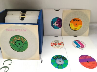A record case of thirty collectable reggae and ska 7" singles, various labels including Bamboo, Big Shot, Island, Jackpot, Escort and others. Some rare examples.