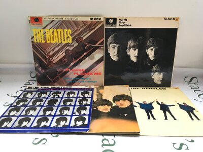 Five early UK mono pressings of Beatles LPs comprising Please Please Me, With The Beatles and others. Condition generally EX/VG+.