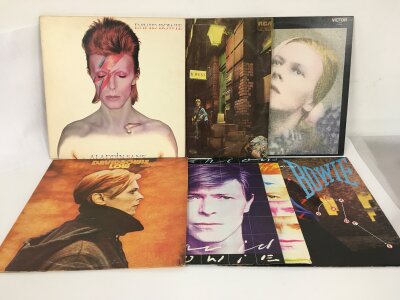 Five David Bowie LPs and a 12" single comprising Ziggy Stardust, Hunky Dory, Low and others.