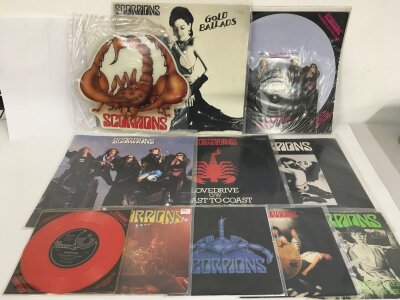 A collection of records by The Scorpions comprising twenty 7" singles and four picture discs  including demo disc, a box set, picture discs etc.