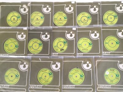 Fourteen Harvest label demo discs HAR 5001 to 5019, artists include Love, Dave Mason, Edgar Broughton Band and others.