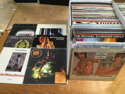 A box of LPs by various artists including The Who (US pressing of Sell Out), a U2 white label promo disc, Velvet Underground and others.