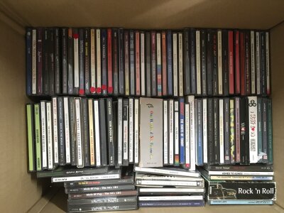 Four boxes of CDs by various artists including The Beatles, David Bowie, Elliot Smith, Iron Maiden and many more.