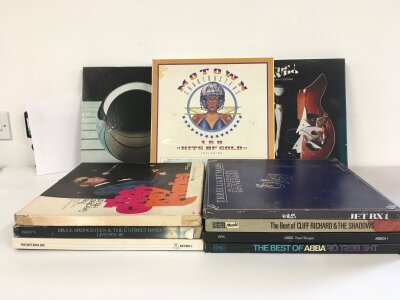 A collection of vinyl box sets comprising Motown Chartbusters, The Who - Join Together, Bruce Springsteen (cassette box), ABBA -Super Trouper and others.