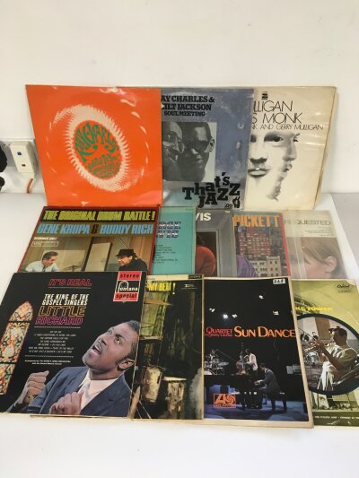 Twelve jazz and soul LPs by various artists including Ray Charles, Thelonious Monk and others.