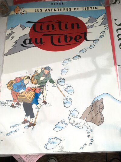 Two laminated Tintin posters, approx 44cm x 62cm.