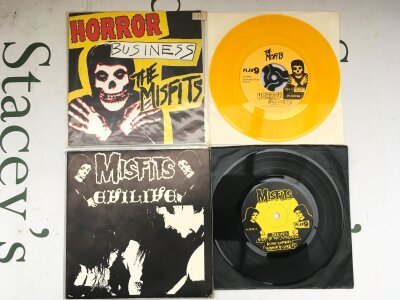 A Misfits EP and a 7" single comprising a yellow vinyl Horror Business and Evil Live. Both EX.