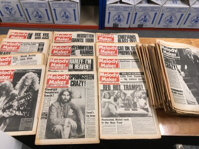A massive collection in six boxes of 1970s and 80s music papers comprising mainly Melody Maker.