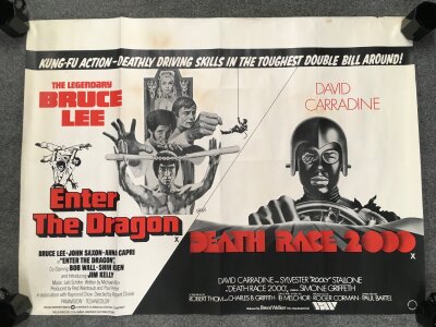 A UK quad Enter The Dragon / Death Race 2000 double film poster, folded with some staining and a tear to the top right, approx 30" x 40".