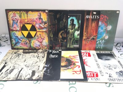 Ten goth rock and metal LPs by various artists including Slayer, Macabre, UK Decay and others.