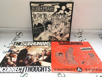 Three LPS by The Subhumans comprising the original 1980 release and 1985 reissue of Incorrect Thoughts plus The Day The Country Died.