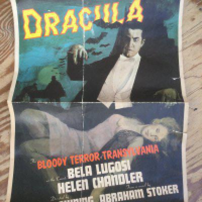 A circa 1970s reissued poster for Dracula starring Bela Lugosi, folded with tears and sellotape marks, approx 53cm x 73cm.