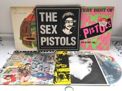 Seven Sex Pistols and related LPs and 12" singles.