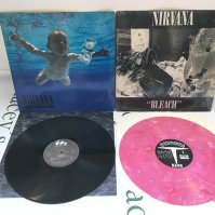 Two Nirvana LPs comprising a first European pressing of Nevermind and a pink marbled pressing of Bleach. Both EX/EX.