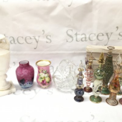 A collection of ceramics including a Caithness vase , Alabaster swan lamp, pink vase with hand painted rose design, cut glass basket, egyptian perfume decanters (3 boxed). This lot cannot be posted. NO RESERVE