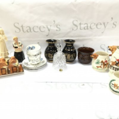 A collection of ceramics including Bols ceramic figure, Spathas Keramik vases, fox hunting jugs , Royal Stafford silver wedding cups and saucers. This lot cannot be posted. NO RESERVE