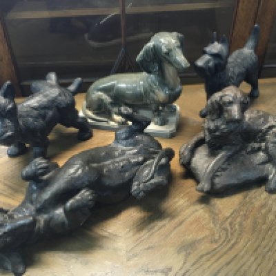 A collection of dog figures including a ceramic Dash Hound, simulated bronze Dash Hound etc. this lot cannot be posted NO RESERVE