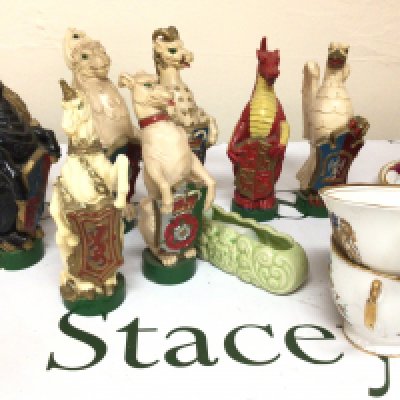 A collection of plaster Dragons and other mythology animals bearing coats of arms. A Spode tea set and a collection of Elizabeth II Royal commemorative coronation cups and saucers.- NO RESERVE