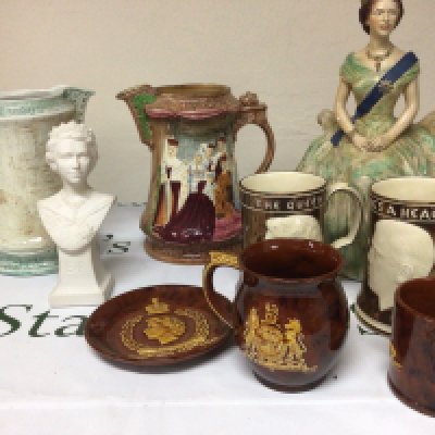 A Burleigh ware commemorative jug the coronation ceremony of Elizabeth II a painted plater figure of Elizabeth II and other conforming ceramics. NO RESERVE.