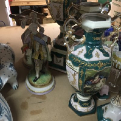 Three Victorian style vases and a pair of figures,