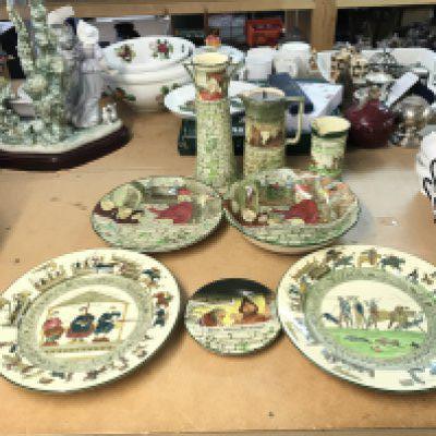 Royal Doulton ceramics including a Bayeux tapestry plate , monks dish, Jackdaw of Rheims dish and pitcher etc. this lot cannot be posted