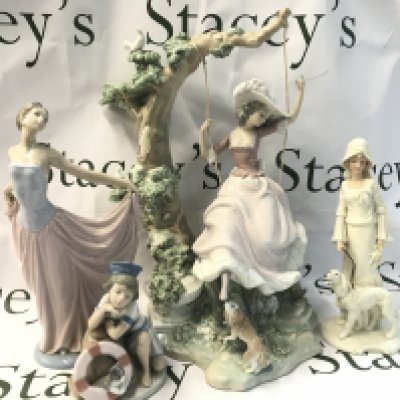 A large Lladro girl on swing figure (40cm tall), Lladro dancer figure, Mondays child sailor boy, SBL pride of place woman with dog figure. This lot cannot be posted