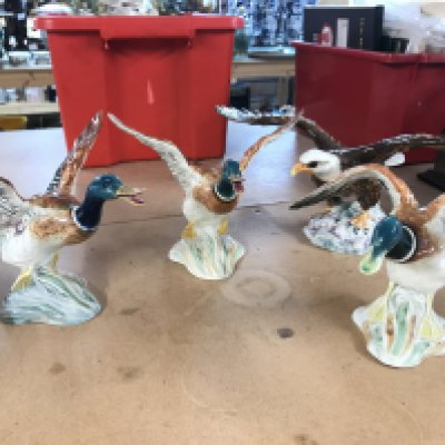 Beswick porcelain figures including three ducks and a bald eagle. Approximately 15cm tall. This lot cannot be posted