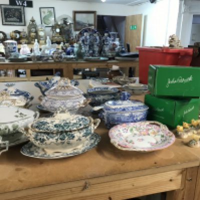 A Collection of porcelain tureens, boxed Beswick duck and duckling figures, Minton dish (damaged and restored ) glass jelly mould. This lot cannot be posted