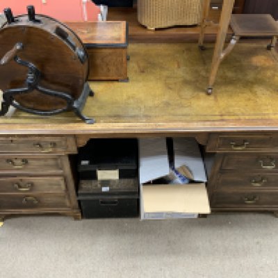 A large 1930s leather topped pedestal desk. 177cm x 86cm x 75cm