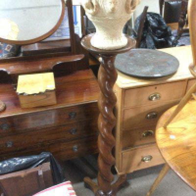 A mahogany plant stand with barley twist support and a Cotswold Studio pottery vase (2). Shipping category D. NO RESERVE