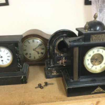 Three mantle clocks and a painted clock case (4). Shipping category D. NO RESERVE
