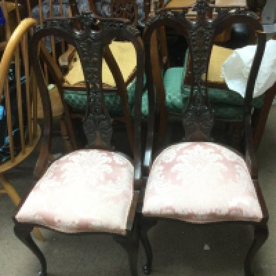 A pair of Edwardian chairs in pink draylon upholstery. Shipping category D. NO RESERVE