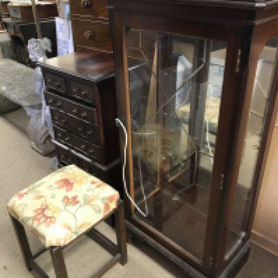 A small mahogany chest of drawers, oak cabinet (107cm tall) and stool (40cm tall)