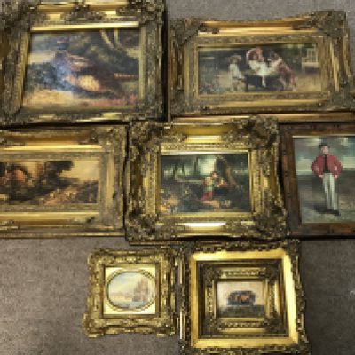 A collection of seven reproduction gilt framed pictures. Postage category C