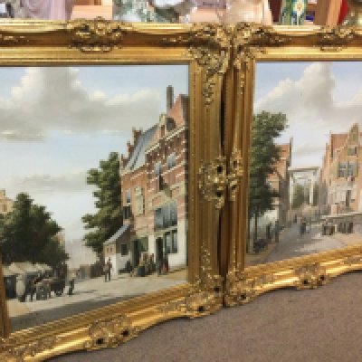 Two framed 20th century oil on canvas street view paintings signed R. Vergeer, frame dimensions 55x65cm