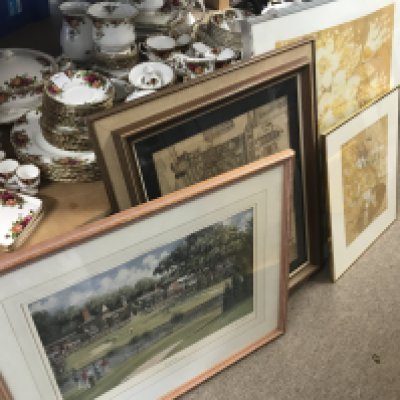 A collection of framed prints including Ryder Cup golf print by Sheree Valentine Daines, Victorian street scene cartoon sketch print, etc