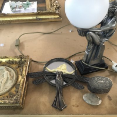 Three wood carved pictures in frames along with some Art Deco style items. Postage D