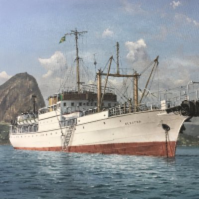 A Framed oil painting on board Marine study of the ship Electra moored with anchor down at Guanabara Bay Rio dated 28/04/1954. Signed by Robert G Lloyd 16 67x54cm approximately.