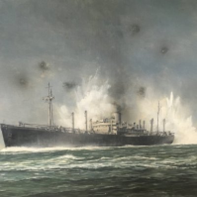 A framed oil painting on board Marine study of SS Dorset of Cape Bon during operation Pedestal. 13.8 1942 a convoy of ships sent to give relief and supplies to Malta which engaged with the enemy and incurred the loss of several merchant ships and Royal Navy ships. The painting signed by the artist Robert G Lloyd. 93x69cm