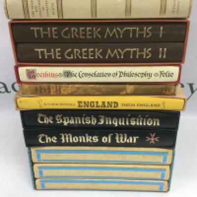 Seven Folio Society books of historical interest including a two volume set of The Greek Myths, The Trail And Execution Of Socrates and others. Shipping category D.