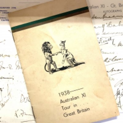 AUSTRALIAN XI, ENGLISH TOUR 1938, an official tour booklet including itinerary and information on the players, signed on a separate sheet in ink by all members of the team: D.G. Bradman (Captain), S.J.McCabe, C.L. Badcock, S.G. Barnes, B.A. Barnett, W.A Brown, A.G. Chipperfield, J.H. Fingleton, L.O'B. Fleetwood-Smith, A.L. Hassett, E.L. McCormick, W.J. O'Reilly, M.G. Waite, C.W. Walker, F.A. Ward, E.C.S. White and by the team manager. Together with Essex county cricket club headed paper C.1928 cricket team including Denys Wilcox. (From the estate of Alderman L Miles ref Lot 701).