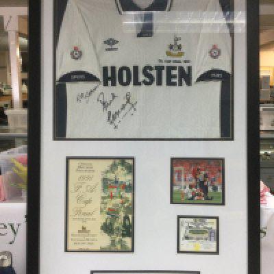 A framed and glazed 1991 FA Cup Final montage comprising a shirt signed by Paul Gascoigne, program and ticket, approx 73cm x 119cm. Shipping category D.