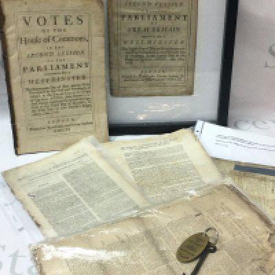 A collection of 17th/18th century House of Commons parliament papers, documents etc including a main gate key. Postage category C